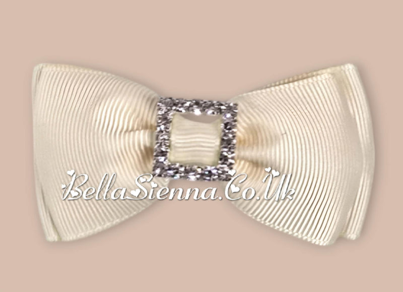 Bowtique London 2 Inch Cream Grosgrain Medium Size Hair Bow With Diamanté Centre