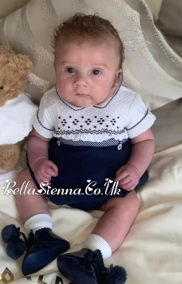 Pretty Originals Baby Boys Navy Blue & White Hand Smocked Outfit - MT02386