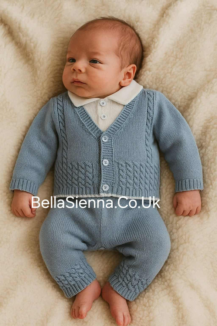 Sarah Louise Boys All In One Knitted Romper - 008216 - Ivory/Slate Blue