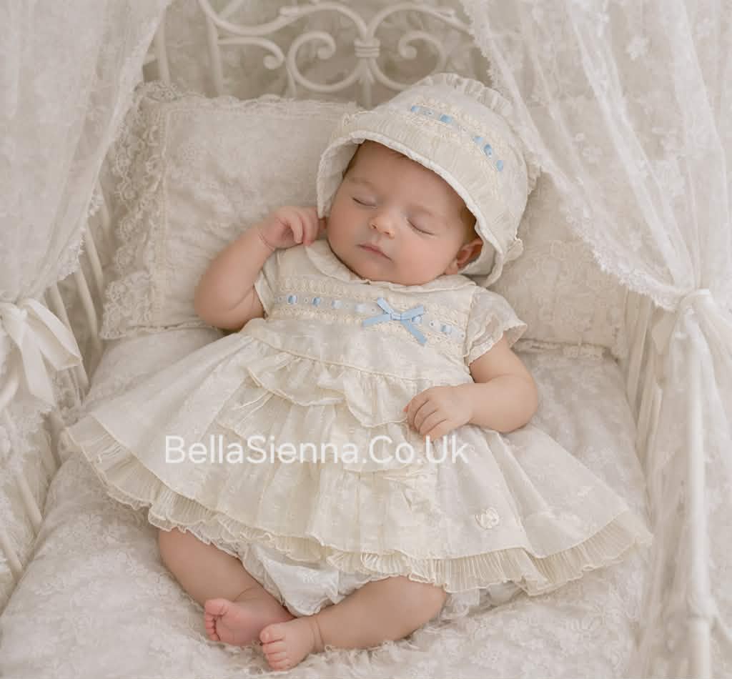 Dolce Petit Ivory/Blue Lace Baby Girls Dress Set 2003 VGB