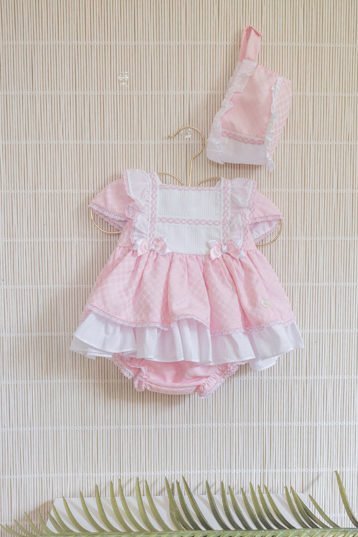 Dolce Petit Girls Pink & White Dress, Pants & Bonnet Set - 2015 VGB