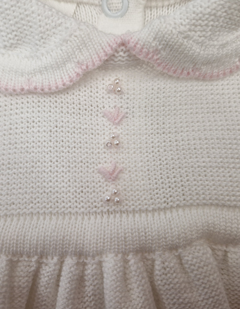 Pretty Originals White & Pink Knitted Dress & Bloomers With Tiny Pearl Detail - JP84232