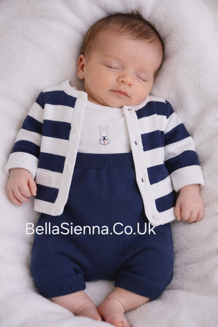 Mayoral Baby Newborn Boys White And Navy Blue Fine Knitted Three Piece Set