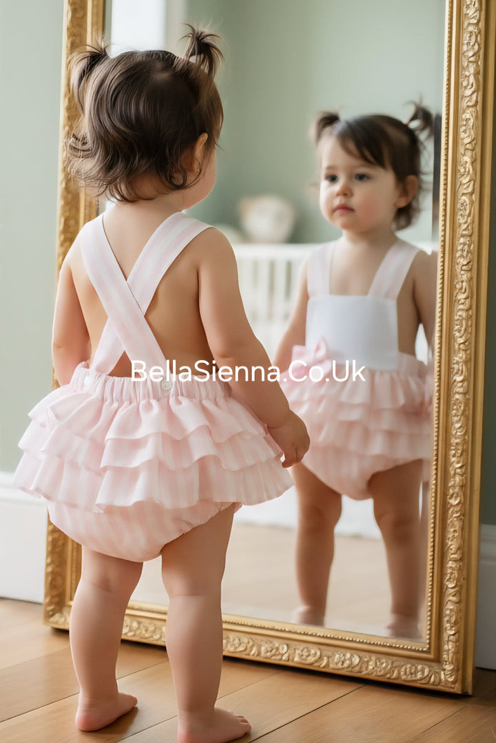 Yoedu Girls Pink & White Strappy Romper With Frills & Bow - 0806