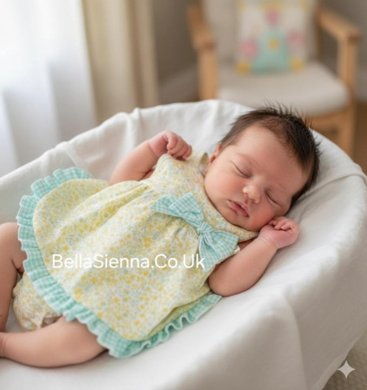 Calamaro Baby Lemon & Green Floral Dress & Pants Set- 22034