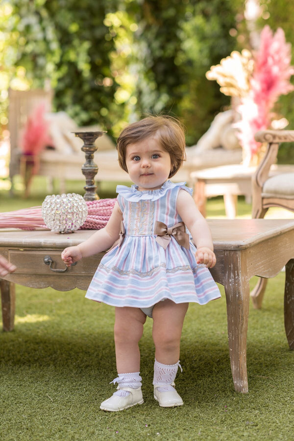 Dolce Petit Pink & Blue Stripe Dress & Pants Set With Beige Bows - 2149