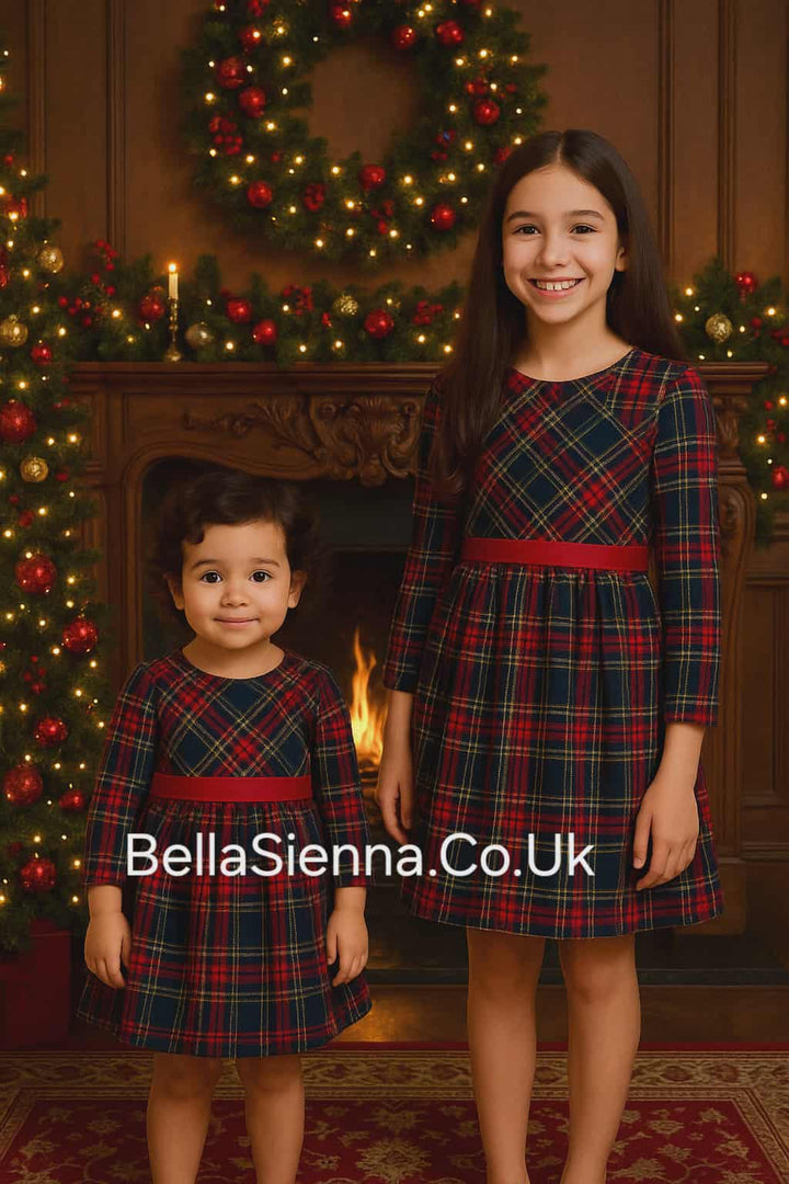 Mayoral Girls Long Sleeved Red & Navy Plaid Dress - 4911