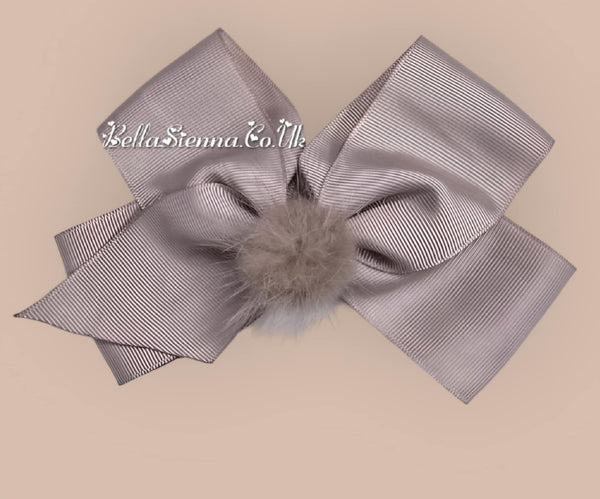 Bowtique London 4 Inch Grey Medium Size Hair Bow With Fur Pom