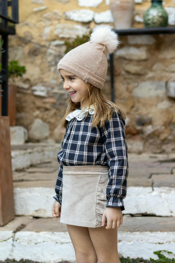 Calamaro Girls Beige Corduroy Skort & Blouse Set - 11237