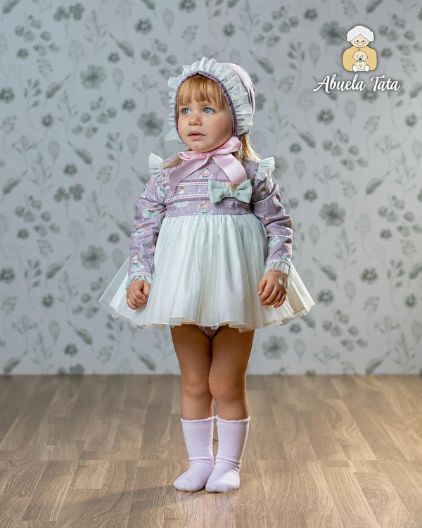 Abuela Tata Lilac & Green Tulle Ballerina Dress, Pants & Bonnet Set - 1299400
