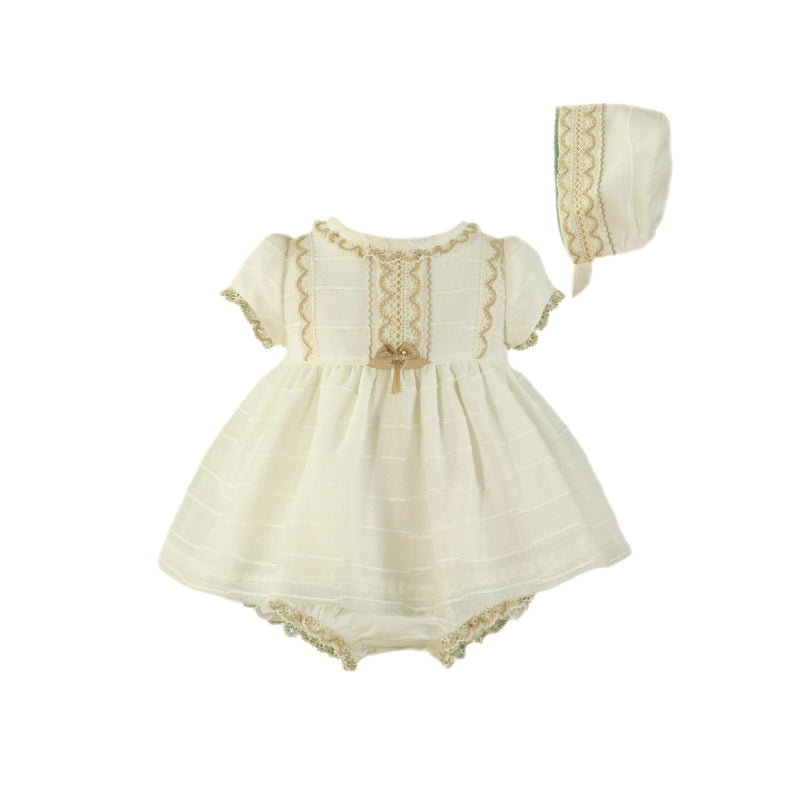 Miranda Baby Girls Ivory & Beige Dress, Pants & Bonnet Set - 0021 VBG