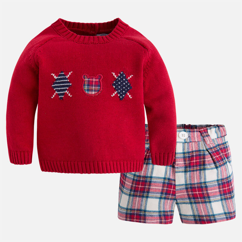 Mayoral Baby Boys Red Jumper & Tartan Shorts Set - 2207