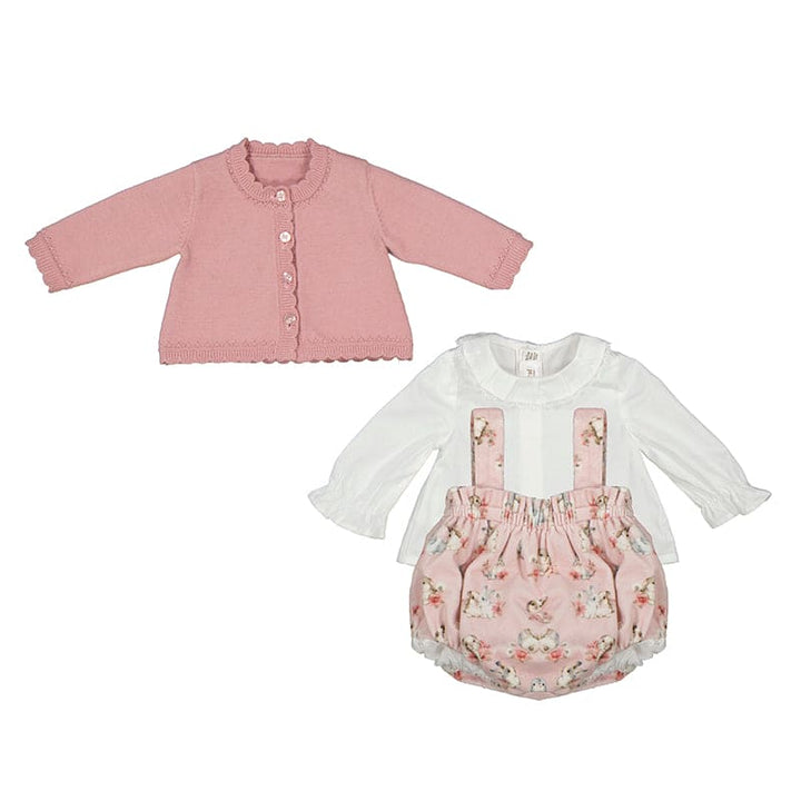 Mayoral Baby Girls Pink Bunny Rabbit velour Three Piece Set - Romper, Blouse & Cardigan  - 2245