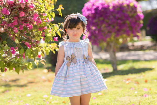 Dolce Petit Pink & Blue Stripe Dress With Beige Bows & Matching Headband/Hair Clip- 2249