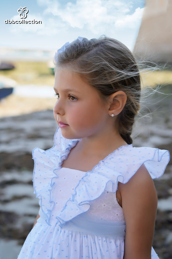 DBB Collection Girls Blue & White Dress With Big Tulle Bow On The Back - 23202