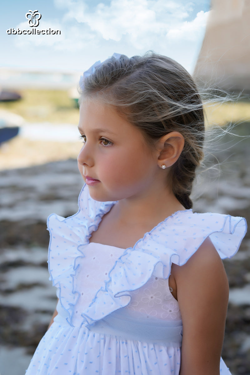 DBB Collection Girls Blue & White Dress With Big Tulle Bow On The Back - 23202