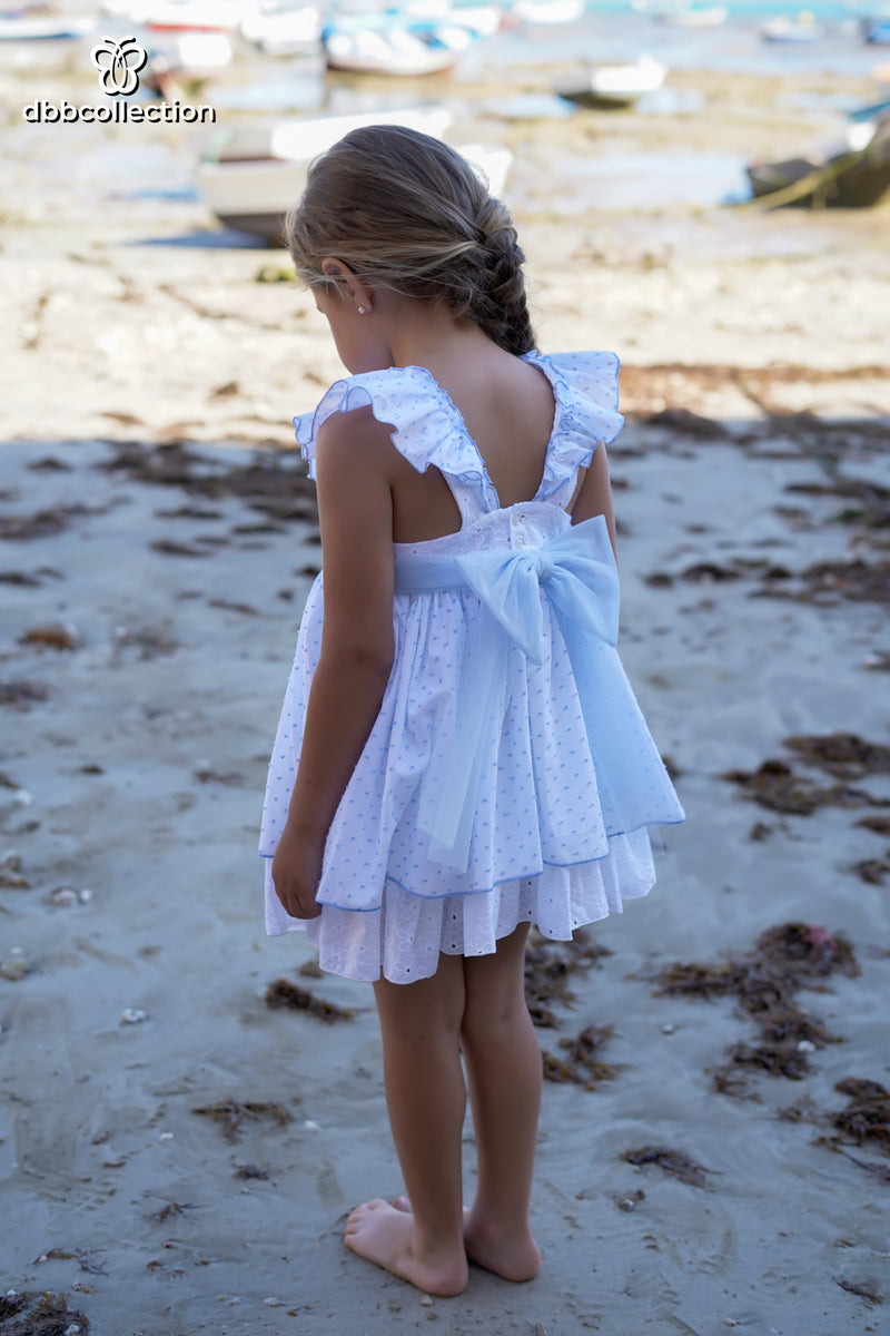 DBB Collection Girls Blue & White Dress With Big Tulle Bow On The Back - 23202