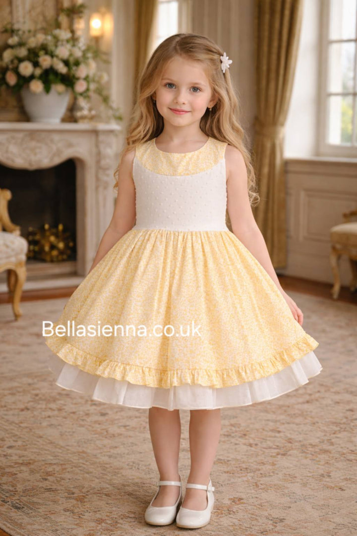DBB Collection Girls Lemon & White Floral Dress With Big Bow On The Back - 23402