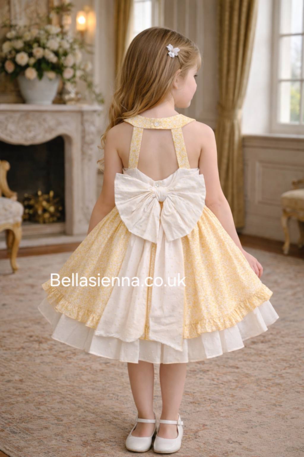 DBB Collection Girls Lemon & White Floral Dress With Big Bow On The Back - 23402