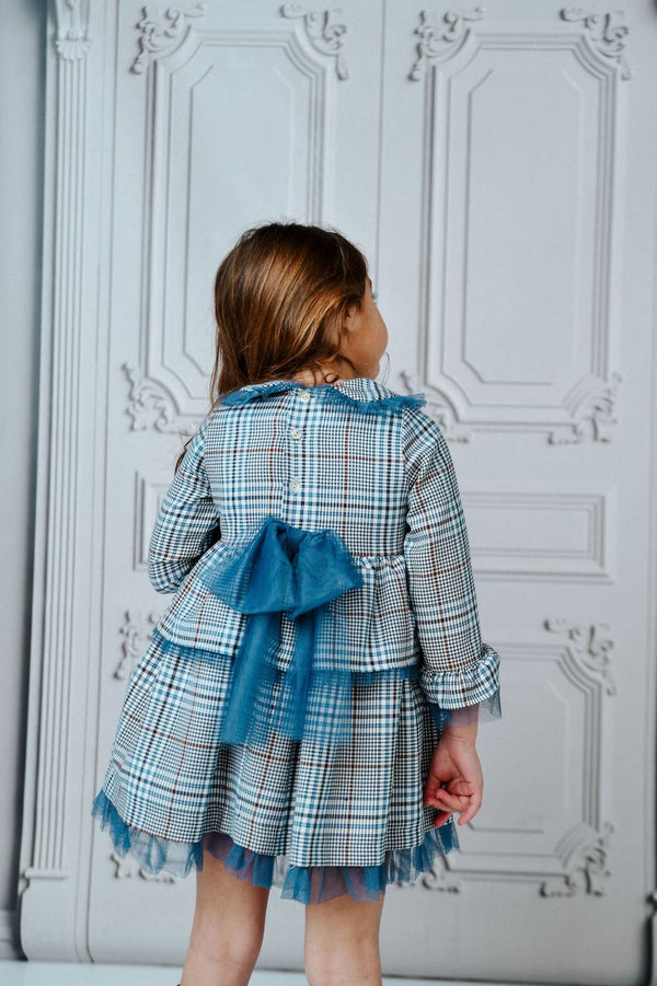 Basmarti  Blue, Camel & White Dogtooth Dress With Tulle Bows - 23530