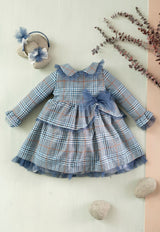 Basmarti  Blue, Camel & White Dogtooth Dress With Tulle Bows - 23530