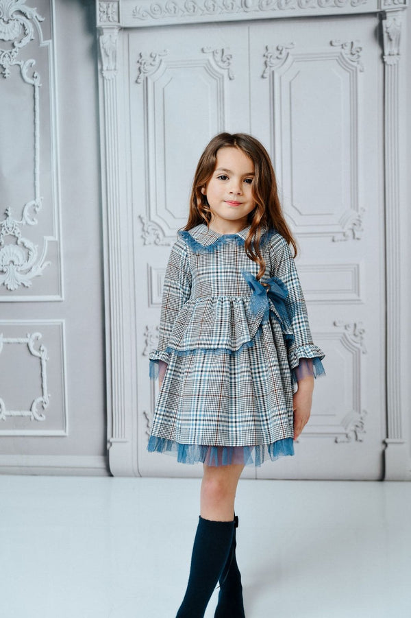 Basmarti  Blue, Camel & White Dogtooth Dress With Tulle Bows - 23530