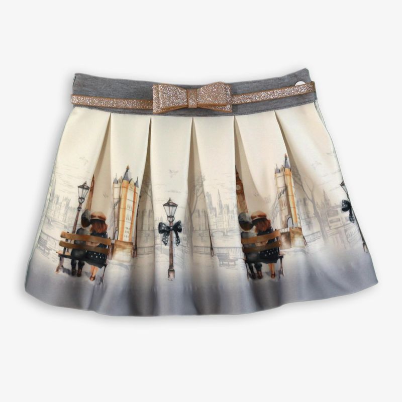 PRE-ORDER Miranda Girls Cream & Grey "London Scene" Skirt & Top Set With Gold Glitter Belt - 236