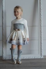 Miranda Girls Cream & Grey "London Scene" Dress With Gold Glitter Belt - 236 V