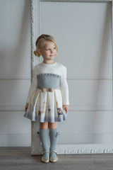 Miranda Girls Cream & Grey "London Scene" Dress With Gold Glitter Belt - 236 V