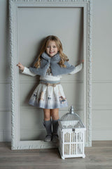 PRE-ORDER Miranda Girls Cream & Grey "London Scene" Skirt & Top Set With Gold Glitter Belt - 236