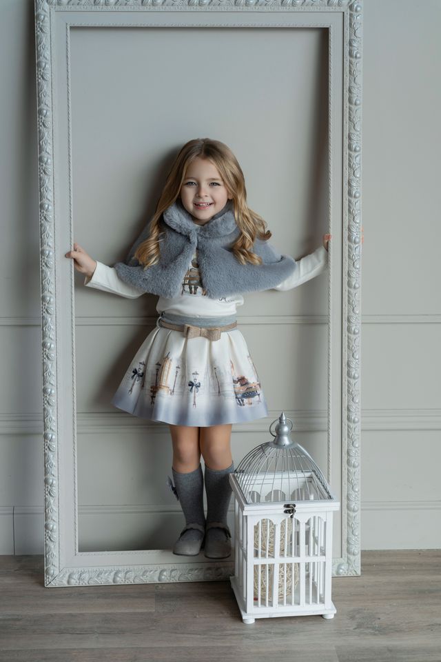 PRE-ORDER Miranda Girls Cream & Grey "London Scene" Skirt & Top Set With Gold Glitter Belt - 236