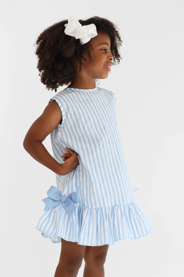 Harris Kids "Grace" Girls Blue Striped Frilly Bow Dress