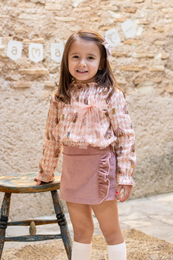 Calamaro Girls Peachy Pink Circus Theme Skort Set Tulle Bow - 11194