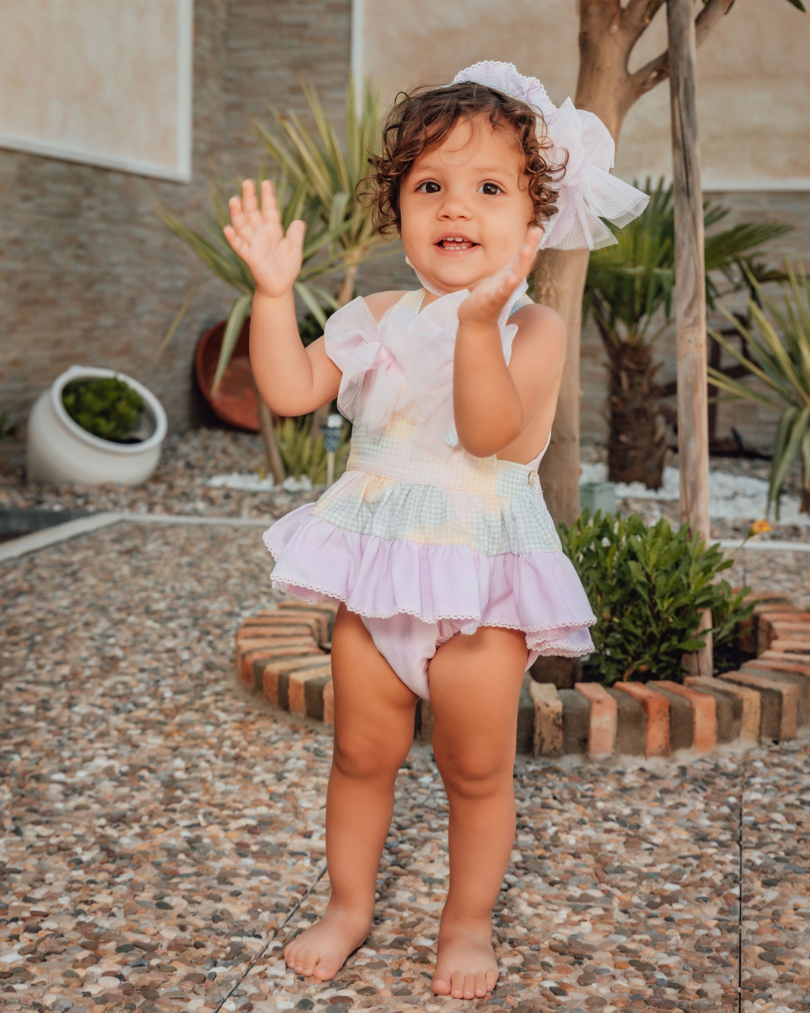 Babine Pastel Abstract Romper With Tulle Bows - 2422121