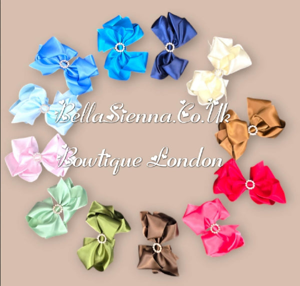 Bowtique London 4 Inch Green Satin Medium Size Hair Bow With Diamanté Centre