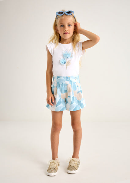 Mayoral Girls Ivory, Blue & Beige Flower Print Shorts & Top Set - 3002 & 3905