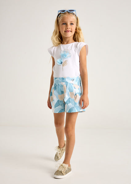 Mayoral Girls Ivory, Blue & Beige Flower Print Shorts & Top Set - 3002 & 3905