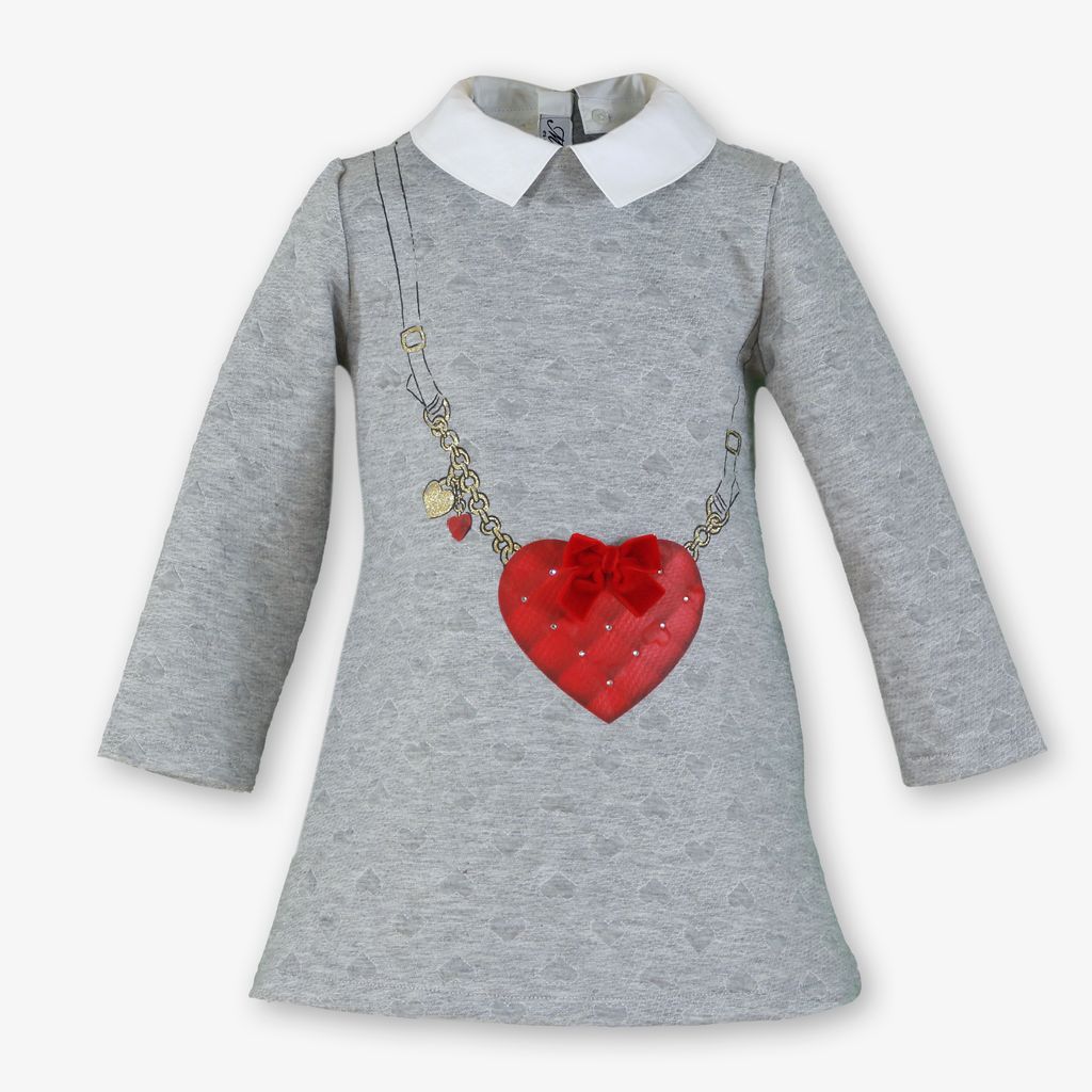 PRE-ORDER - Miranda Girls Grey & Red "Heart" Dress - 0253-V