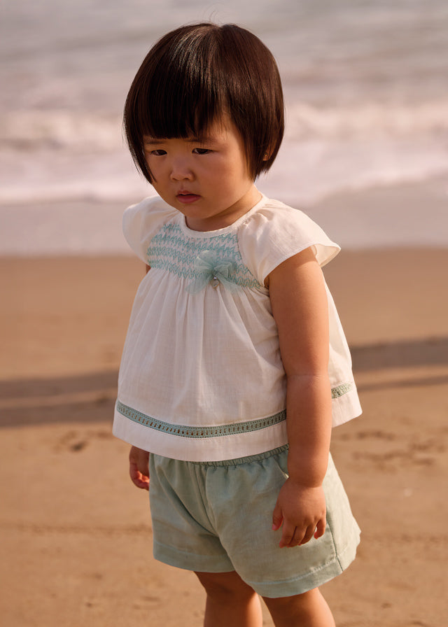 Mayoral Girls Elegant Smocked Shorts Set With Bow - 1212 - Lago - 73