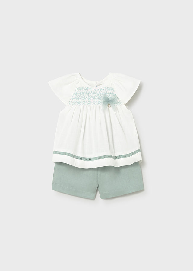 Mayoral Girls Elegant Smocked Shorts Set With Bow - 1212 - Lago - 73
