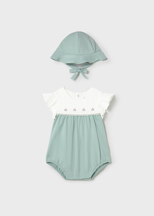 Mayoral Baby Girls Sage Green Two Piece Romper & Sun Hat Set - 1602