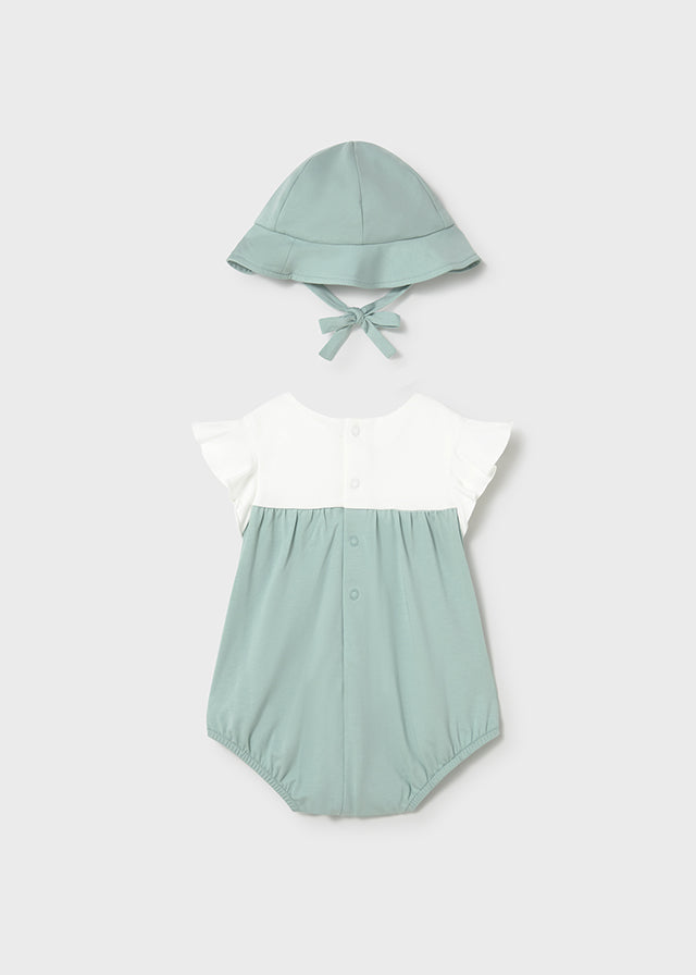 Mayoral Baby Girls Sage Green Two Piece Romper & Sun Hat Set - 1602