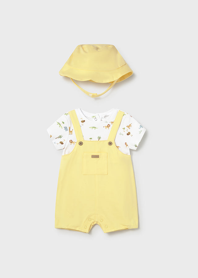 Mayoral Baby Boys Lemon & White Safari Two Piece Romper & Sun Hat Set - 1607