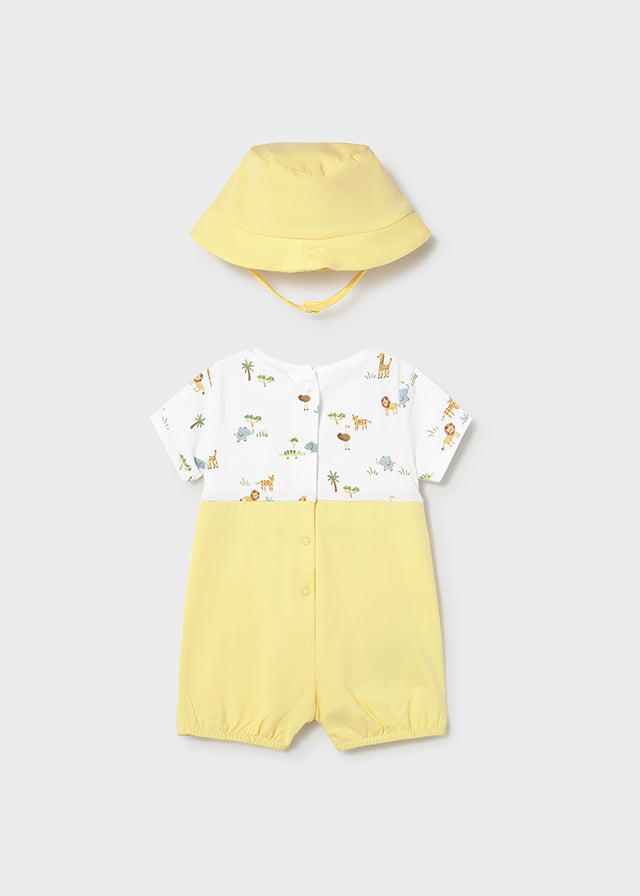 Mayoral Baby Boys Lemon & White Safari Two Piece Romper & Sun Hat Set - 1607