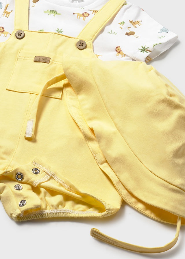 Mayoral Baby Boys Lemon & White Safari Two Piece Romper & Sun Hat Set - 1607