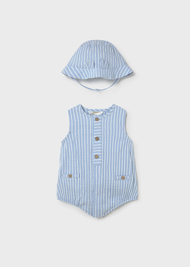 Mayoral Baby Boys Blue & White Striped Romper With Matching Sun Hat - 1614
