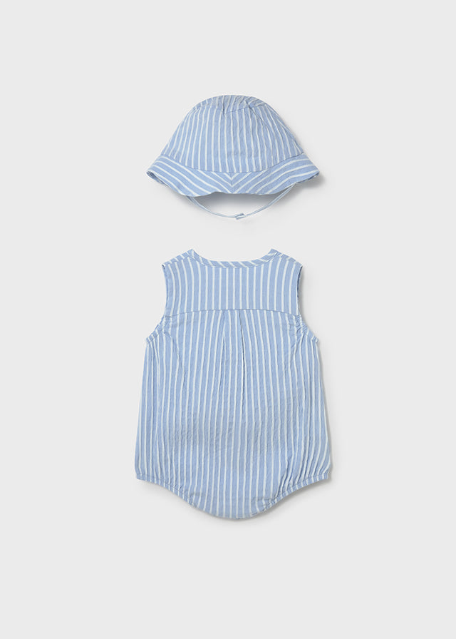 Mayoral Baby Boys Blue & White Striped Romper With Matching Sun Hat - 1614