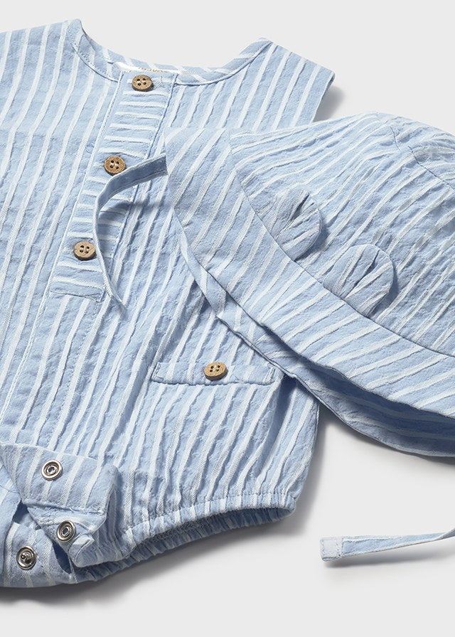 Mayoral Baby Boys Blue & White Striped Romper With Matching Sun Hat - 1614