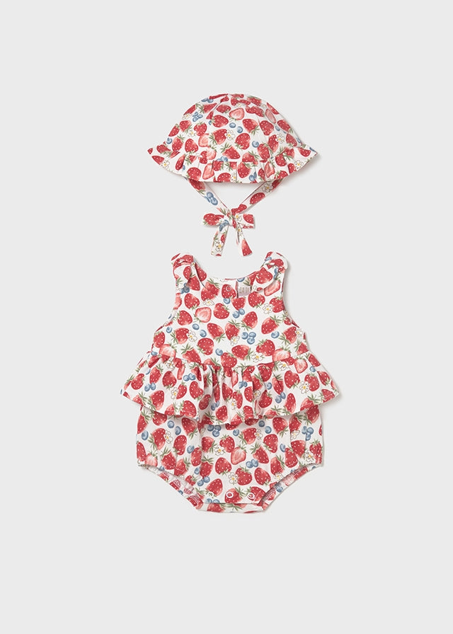 Mayoral Baby Girls Strawberry Print Romper & Matching Sun Hat - 1632