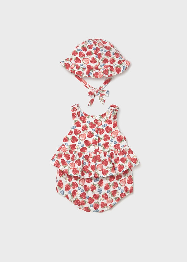 Mayoral Baby Girls Strawberry Print Romper & Matching Sun Hat - 1632